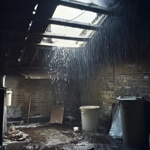 A destroyed asbestos roof, caused by ignoring a leak, now highly dangerous to be around