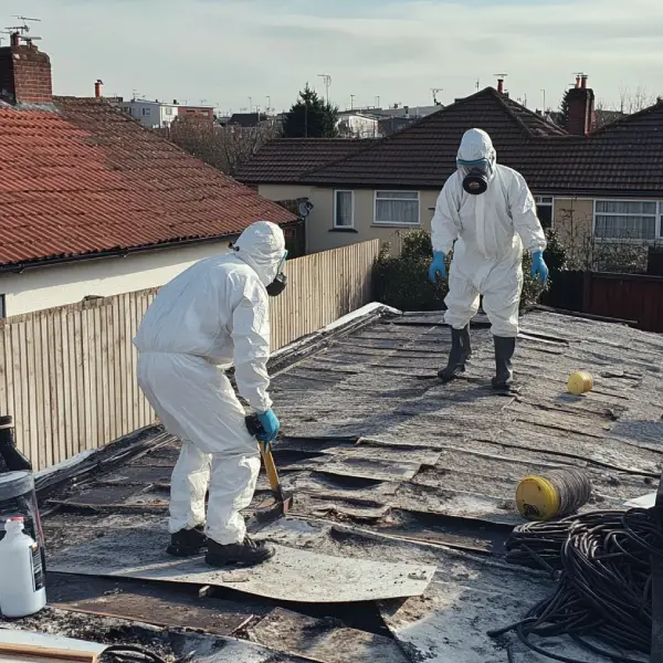 Two roofer in protective suits and respirators working on an old asbestos roof, as part of an roof replacement in Ealing, London.