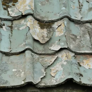 Damaged asbestos roofing featuring cracks, holes and fraying
