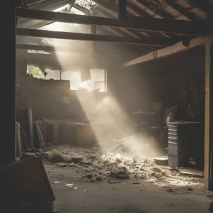 Dusty and dangerous asbestos damaged garage