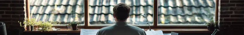 Man sits inside his house, looking out at his asbestos garage roof, reading documents, thinking deeply about what will be required to remove it