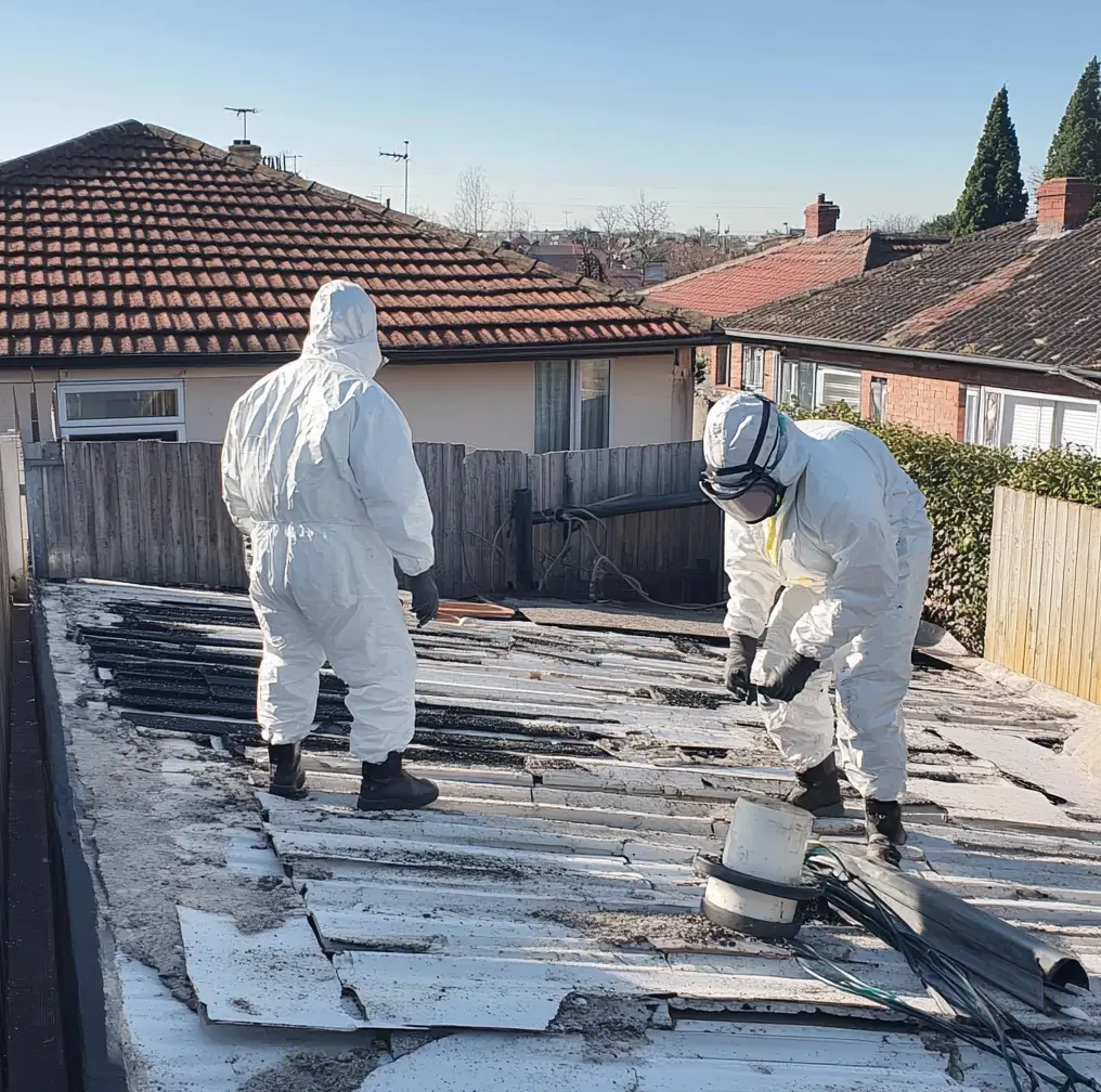 Team of asbestos roofers on project in Essex.