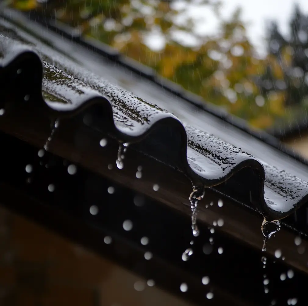 Closeup of rainwater on new garage roof