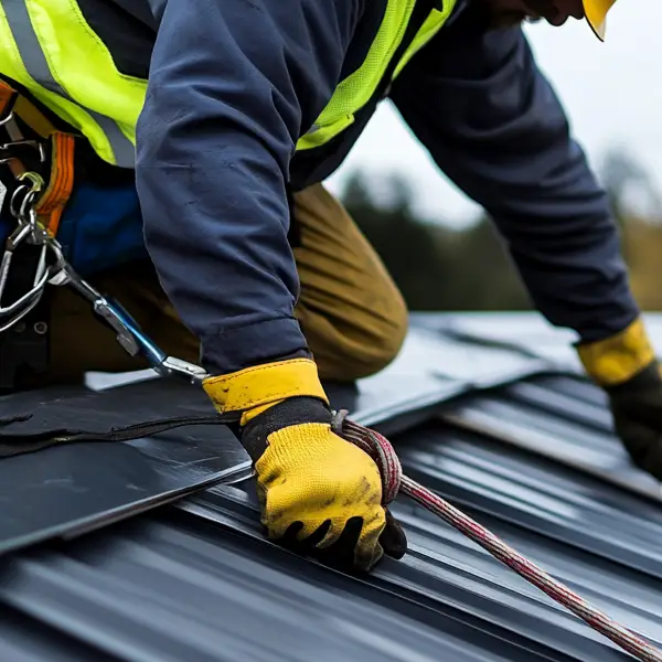 Worker is kneeling on a metal roof, wearing a safety harness with a lanyard and fall arrest system as part of a roofing project in Croydon, London.