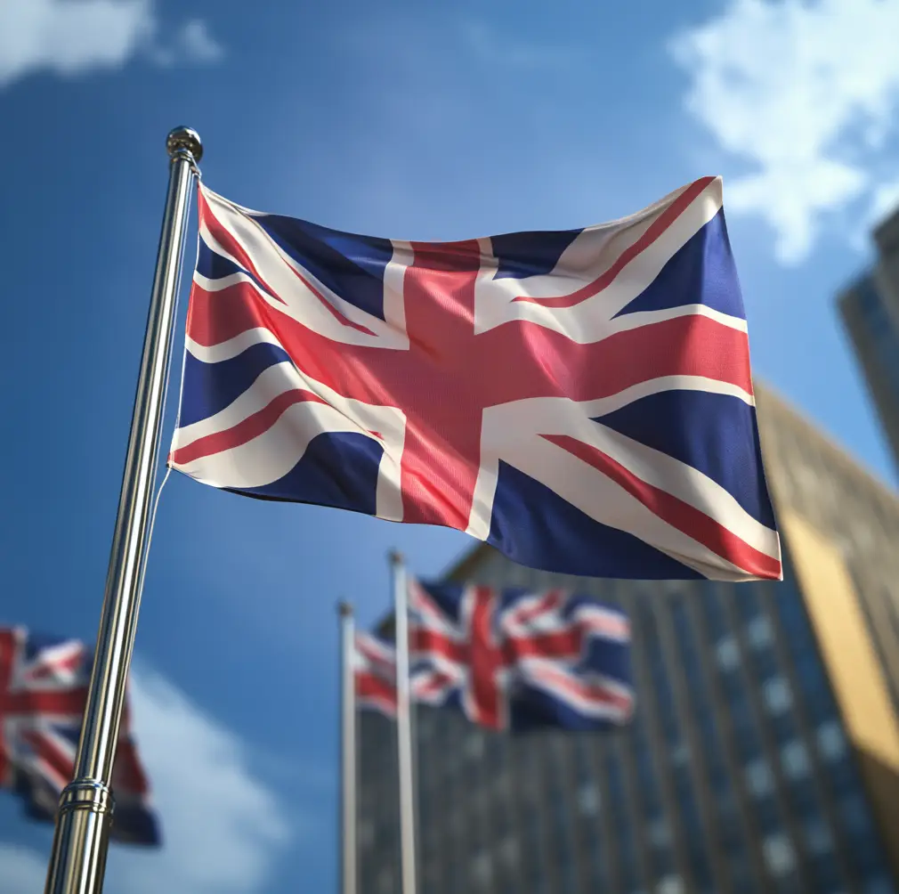 Union-jack flags on a bright day