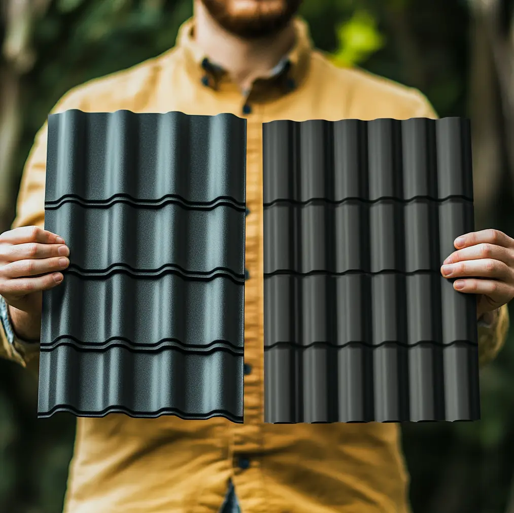 Man holding two roofing materials, trying to choose between them