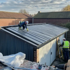 Photo from a large garage roofing project in Birmingham