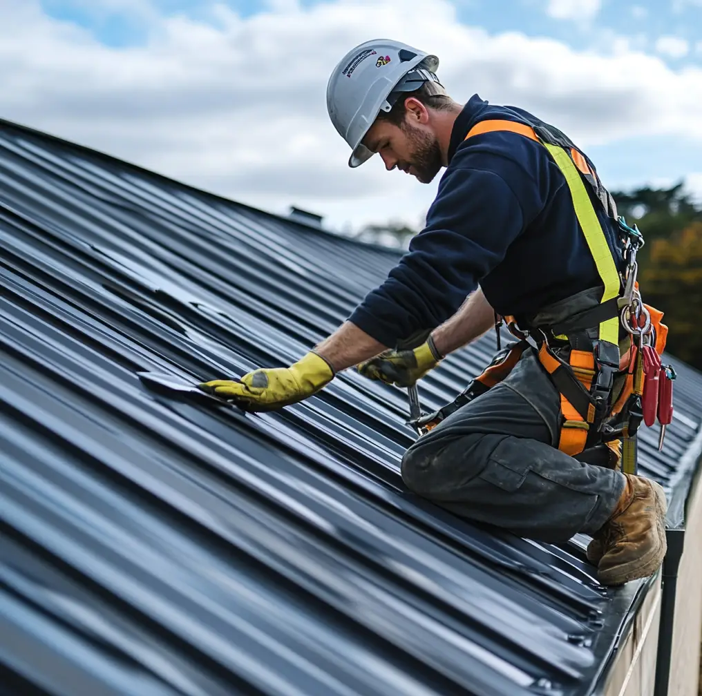 Roofer on project in Essex with extensive safety gear