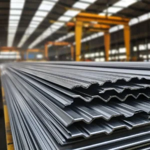 Stack of steel roofing sheets in warehouse