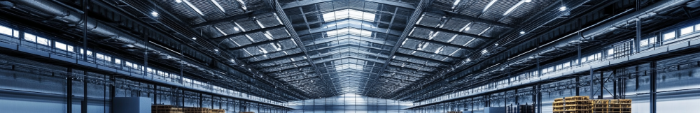 Pitched warehouse roof from inside