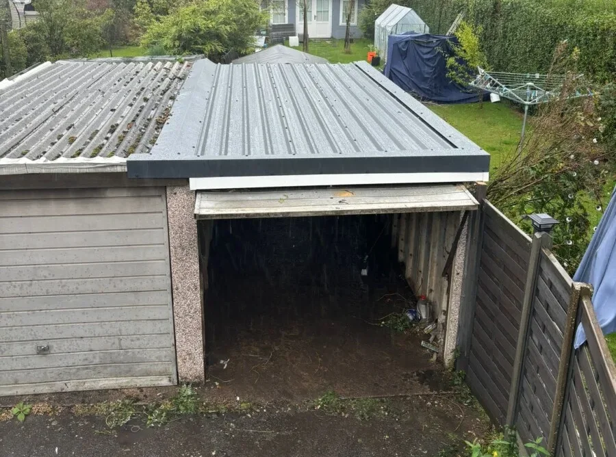 Single attached asbestos garage roof replacement in Leicestershire, March 2025, wide shot